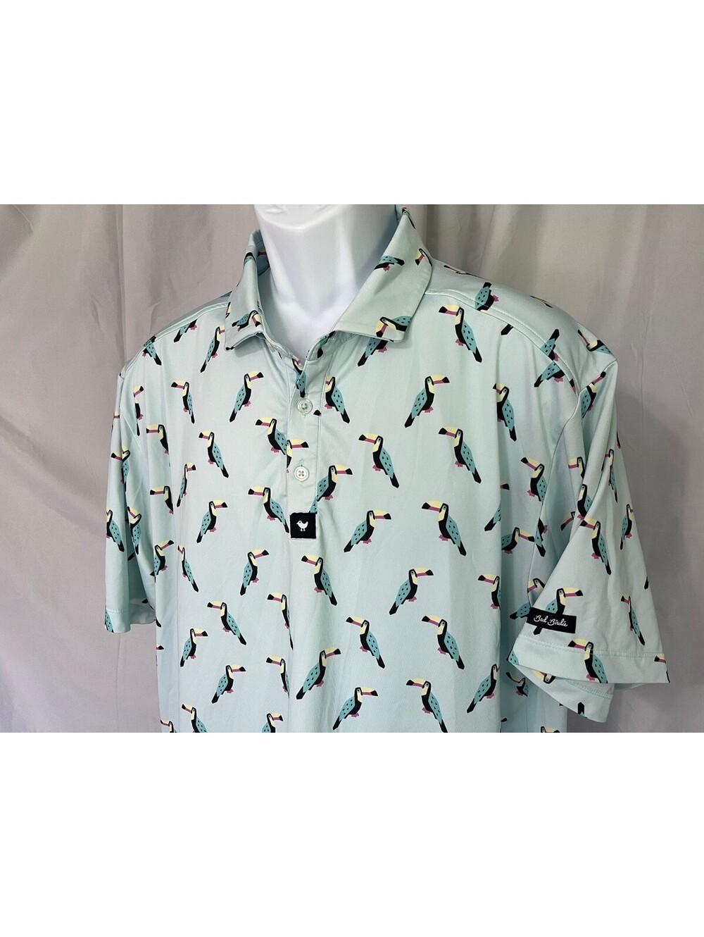 Bad Birdie Men's Blue w/ Toucans All Over s/s Golf Polo Shirt XL EUC
